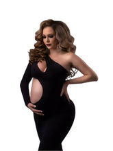 Load image into Gallery viewer, Babymoon Stretchable One Shoulder Babybump Revealing Maternity Gown Dress | Black
