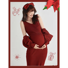 Load image into Gallery viewer, Babymoon Set of 3 | Stretchable Knitted Maternity Gown Dress with Cardigan and Hairband | Size L |Red
