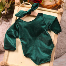 Load image into Gallery viewer, Babymoon Set of 2 | Baby Girl Velvet Romper &amp; Hairband | Baby Photoshoot Props | Costume | Green | 0-1 Months
