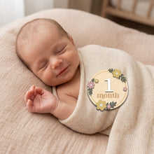 Load image into Gallery viewer, Babymoon Wooden Baby Monthly Milestone Cards Sign Set for Baby Photoshoot Props | 1-12 Months Interchangeable Numbers Tiles Prop Board with Glue Dots Product Photoshoot| Baby Boys &amp; Girl’s Gift – Floral Design
