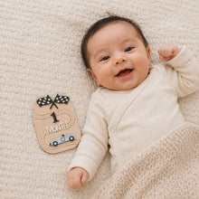Load image into Gallery viewer, Babymoon Wooden Baby Monthly Milestone Cards Sign Set for Baby Photoshoot Props| 1-12 Months Interchangeable Numbers Prop Board with Glue Dots Product Photoshoot| Baby Boys &amp; Girl’s Gift – Car Race Design
