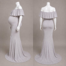 Load image into Gallery viewer, Babymoon Off Shoulder Ruffle Neck Stretchable Maternity Gown Dress | Grey
