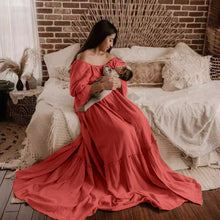 Load image into Gallery viewer, Babymoon Puff Sleeve Front Slit Maternity Gown Dress | Pink Carnation
