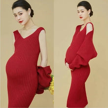 Load image into Gallery viewer, Babymoon Set of 3 | Stretchable Knitted Maternity Gown Dress with Cardigan and Hairband | Size L |Red
