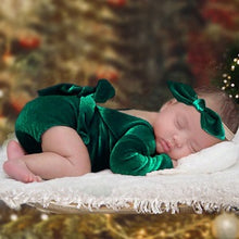Load image into Gallery viewer, Babymoon Set of 2 | Baby Girl Velvet Romper &amp; Hairband | Baby Photoshoot Props | Costume | Green | 0-1 Months
