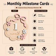 Load image into Gallery viewer, Babymoon Wooden Baby Monthly Milestone Cards Sign Set for Baby Photoshoot Props | 1-12 Months Interchangeable Number Tiles Prop Board with Glue Dots Product Photoshoot| Baby Boys &amp; Girl’s Gift – Bow Design
