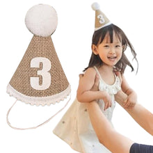 Load image into Gallery viewer, Babymoon 3 year Birthday Cone Cap | Cake Smash | Baby Photography Cap | Brown
