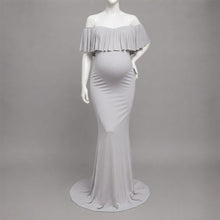Load image into Gallery viewer, Babymoon Off Shoulder Ruffle Neck Stretchable Maternity Gown Dress | Grey
