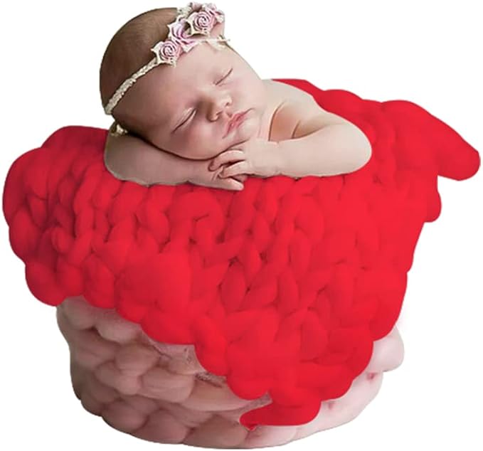 Babymoon Marino Wool Knit Throw Basket Filler Blanket Baby Photography Photoshoot Props | Red