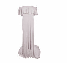Load image into Gallery viewer, Babymoon Off Shoulder Ruffle Neck Stretchable Maternity Gown Dress | Grey
