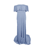Load image into Gallery viewer, Babymoon Off Shoulder Ruffle Neck Stretchable Maternity Gown Dress | Blue

