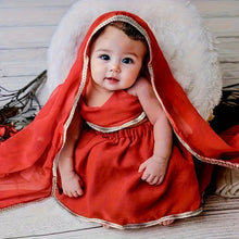 Load image into Gallery viewer, Babymoon Set of 4 | Baby Girl Traditional Dulhan Bride Costume | Skirt, Top, Dupatta, Headdress | Costume | Baby Photoshoot Props | 3-6 Months
