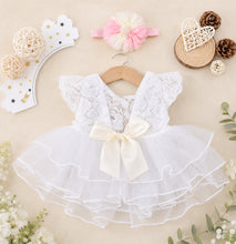 Load image into Gallery viewer, Babymoon Set of 2 | Baby Girls Lace Floral Net Frock with Headband | Princess Party Dress | Baby Girls Frock | Baby Photoshoot Props | 0-1 Months
