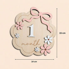Load image into Gallery viewer, Babymoon Wooden Baby Monthly Milestone Cards Sign Set for Baby Photoshoot Props | 1-12 Months Interchangeable Number Tiles Prop Board with Glue Dots Product Photoshoot| Baby Boys &amp; Girl’s Gift – Bow Design
