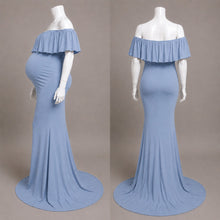 Load image into Gallery viewer, Babymoon Off Shoulder Ruffle Neck Stretchable Maternity Gown Dress | Blue
