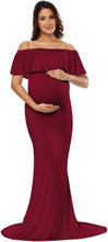 Load image into Gallery viewer, Babymoon Off Shoulder Ruffle Neck Stretchable Maternity Gown Dress | Maroon
