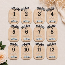Load image into Gallery viewer, Babymoon Wooden Baby Monthly Milestone Cards Sign Set for Baby Photoshoot Props| 1-12 Months Interchangeable Numbers Prop Board with Glue Dots Product Photoshoot| Baby Boys &amp; Girl’s Gift – Car Race Design
