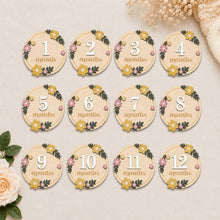 Load image into Gallery viewer, Babymoon Wooden Baby Monthly Milestone Cards Sign Set for Baby Photoshoot Props | 1-12 Months Interchangeable Numbers Tiles Prop Board with Glue Dots Product Photoshoot| Baby Boys &amp; Girl’s Gift – Floral Design
