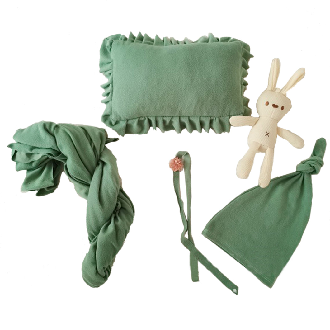Babymoon Set of 5 | Stretchable Wrap, Cap, Pillow, Toy and Hairband | Baby Photography Props | Green