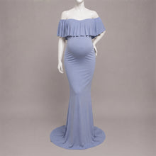 Load image into Gallery viewer, Babymoon Off Shoulder Ruffle Neck Stretchable Maternity Gown Dress | Blue

