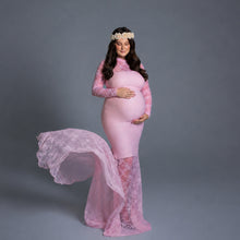 Load image into Gallery viewer, Babymoon Full Sleeve Net Lace Stretchable Maternity Gown Dress | Darkpink
