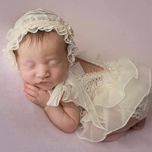 Load image into Gallery viewer, Babymoon | Set Of 4 |  Baby Lace Romper, Cap, Pillow &amp; Shoes | Baby Photography Photoshoot Props Costumes | 0-3 Months | Beige
