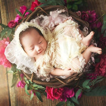 Load image into Gallery viewer, Babymoon | Set Of 4 |  Baby Lace Romper, Cap, Pillow &amp; Shoes | Baby Photography Photoshoot Props Costumes | 0-3 Months | Beige

