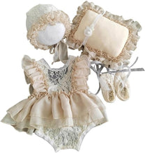 Load image into Gallery viewer, Babymoon | Set Of 4 |  Baby Lace Romper, Cap, Pillow &amp; Shoes | Baby Photography Photoshoot Props Costumes | 0-3 Months | Beige
