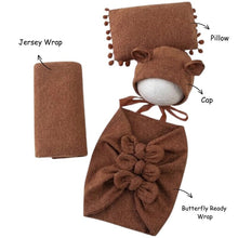 Load image into Gallery viewer, Babymoon (Set Of 4) Butterfly Ready Wrap, Jersey wrap, Pillow &amp; Cap Baby Photography Props-Dark Brown
