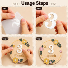 Load image into Gallery viewer, Babymoon Wooden Baby Monthly Milestone Cards Sign Set for Baby Photoshoot Props | 1-12 Months Interchangeable Numbers Tiles Prop Board with Glue Dots Product Photoshoot| Baby Boys &amp; Girl’s Gift – Floral Design
