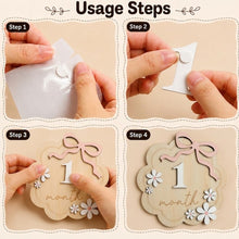 Load image into Gallery viewer, Babymoon Wooden Baby Monthly Milestone Cards Sign Set for Baby Photoshoot Props | 1-12 Months Interchangeable Number Tiles Prop Board with Glue Dots Product Photoshoot| Baby Boys &amp; Girl’s Gift – Bow Design
