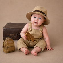 Load image into Gallery viewer, Babymoon Set of 3 | Baby Safari Jungle Explorer Theme outfit with Romper Mini Hat &amp; Bag | Milestone Photoshoot Dress | Forest Adventure Campano Costume | 0-3 Months
