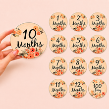 Load image into Gallery viewer, Babymoon 6pc Double Sided Wooden Monthly Baby Floral Milestone Cards | Baby Growth Cards | Baby Shower Gift | Monthly Cards| Baby Photography Props
