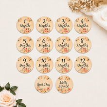 Load image into Gallery viewer, Babymoon 6pc Double Sided Wooden Monthly Baby Floral Milestone Cards | Baby Growth Cards | Baby Shower Gift | Monthly Cards| Baby Photography Props
