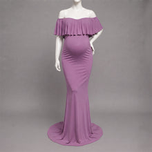 Load image into Gallery viewer, Babymoon Off Shoulder Ruffle Neck Stretchable Maternity Gown Dress | Purple
