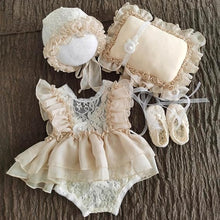 Load image into Gallery viewer, Babymoon | Set Of 4 |  Baby Lace Romper, Cap, Pillow &amp; Shoes | Baby Photography Photoshoot Props Costumes | 0-3 Months | Beige
