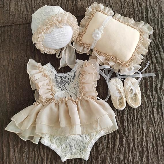Babymoon | Set Of 4 |  Baby Lace Romper, Cap, Pillow & Shoes | Baby Photography Photoshoot Props Costumes | 0-3 Months | Beige