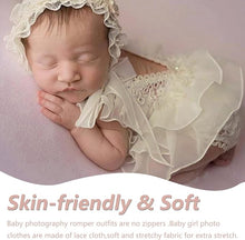Load image into Gallery viewer, Babymoon | Set Of 4 |  Baby Lace Romper, Cap, Pillow &amp; Shoes | Baby Photography Photoshoot Props Costumes | 0-3 Months | Beige

