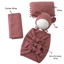 Load image into Gallery viewer, Babymoon (Set Of 4) Butterfly Ready Wrap, Jersey wrap, Pillow &amp; Cap Baby Photography Props-Wine
