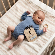 Load image into Gallery viewer, Babymoon Wooden Baby Monthly Milestone Cards Sign Set for Baby Photoshoot Props| 1-12 Months Interchangeable Numbers Prop Board with Glue Dots Product Photoshoot| Baby Boys &amp; Girl’s Gift – Car Race Design
