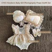 Load image into Gallery viewer, Babymoon | Set Of 4 |  Baby Lace Romper, Cap, Pillow &amp; Shoes | Baby Photography Photoshoot Props Costumes | 0-3 Months | Beige
