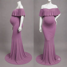 Load image into Gallery viewer, Babymoon Off Shoulder Ruffle Neck Stretchable Maternity Gown Dress | Purple
