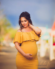 Load image into Gallery viewer, Babymoon Off Shoulder Ruffle Neck Stretchable Maternity Gown Dress | Yellow
