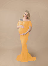 Load image into Gallery viewer, Babymoon Off Shoulder Ruffle Neck Stretchable Maternity Gown Dress | Yellow
