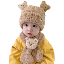 Load image into Gallery viewer, Babymoon Winter Bear Fleece Soft Baby Cap Hat with Scarf Boy’s Girls Kids Cap Hat Headwear | Brown | 0-3 Yr
