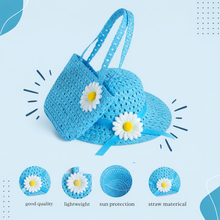 Load image into Gallery viewer, Babymoon Set of 2 | Baby Girls Summer Sunflower Straw Kids Sun Hat with Sling Purse Handbag | Beach Hat | 2-6 Years | Blue
