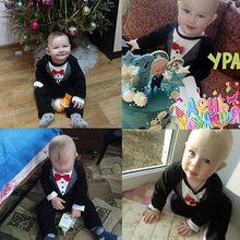 Load image into Gallery viewer, Babymoon Gentleman Suit Romper | Baby Photoshoot Props | Birthday Party Costume | Black | 9-12 Months
