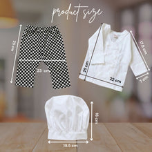 Load image into Gallery viewer, Babymoon Set of 3 | Baby Chef Coat with Hat and Pant | Baker MasterChef Baby Photoshoot Props | Chef Theme | 0-3 Months
