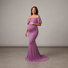 Load image into Gallery viewer, Babymoon Off Shoulder Ruffle Neck Stretchable Maternity Gown Dress | Purple
