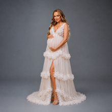 Load image into Gallery viewer, Babymoon Fluffy Off Shoulder Maternity Gown Dress | White
